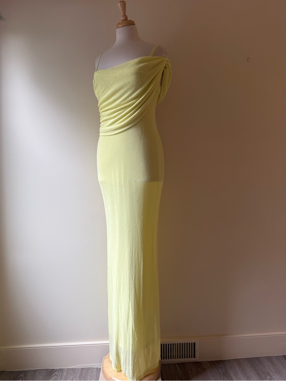 Zara Lemon/Lime Yellow Draped Off Shoulder Stretch Mesh Maxi Dress BNWOT